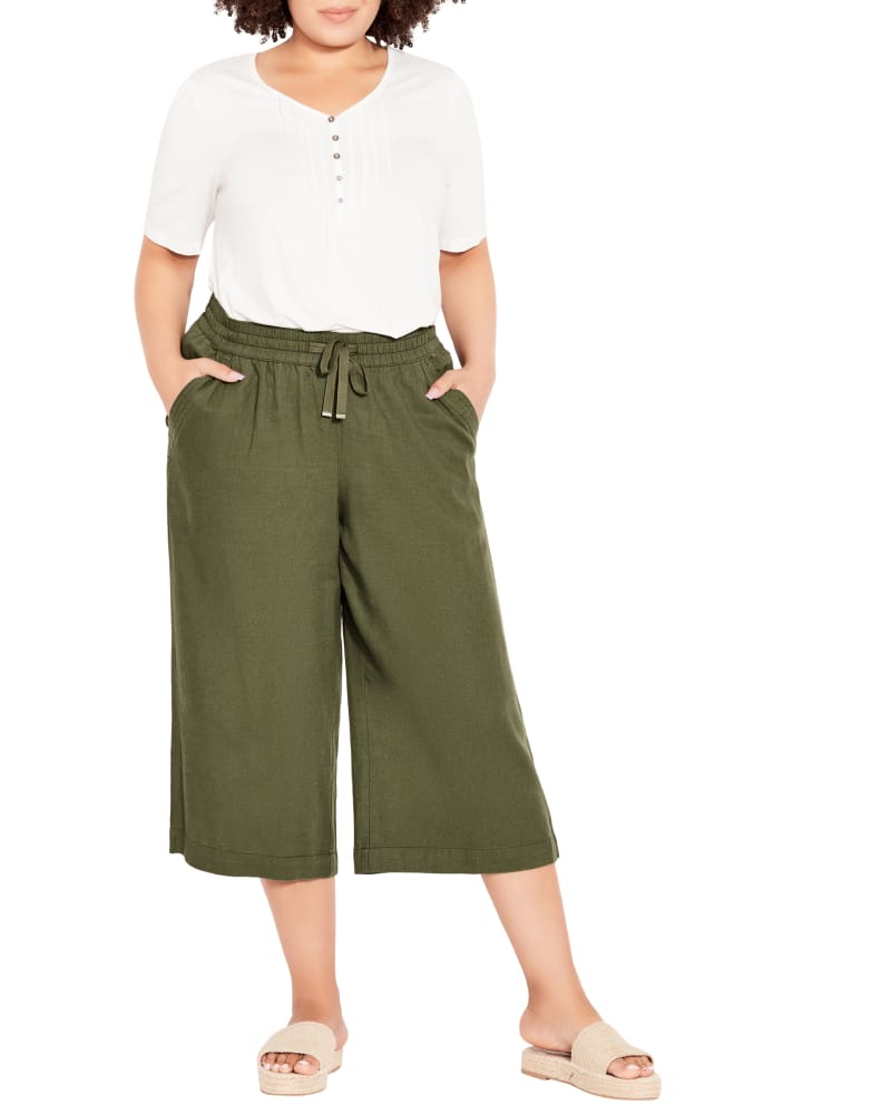 Front of a model wearing a size 22 WIDE LEG CROP PANT in Khaki by avenue. | dia_product_style_image_id:293428
